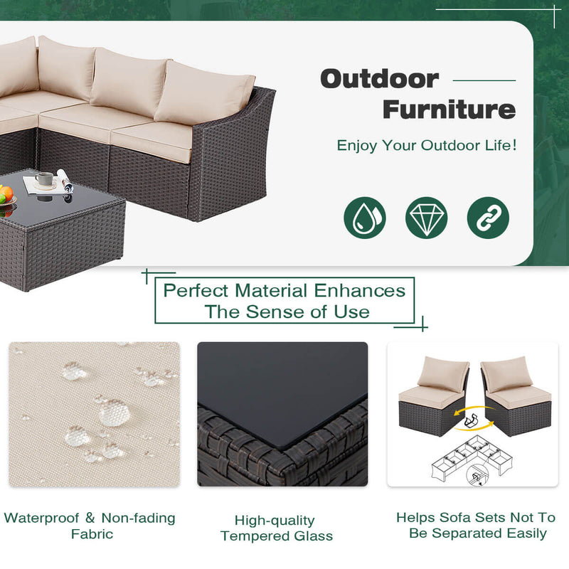 7 Pcs Outdoor Rattan Sectional Sofa All Weather Patio Furniture Set w/ Khaki Cushion & Coffee Table