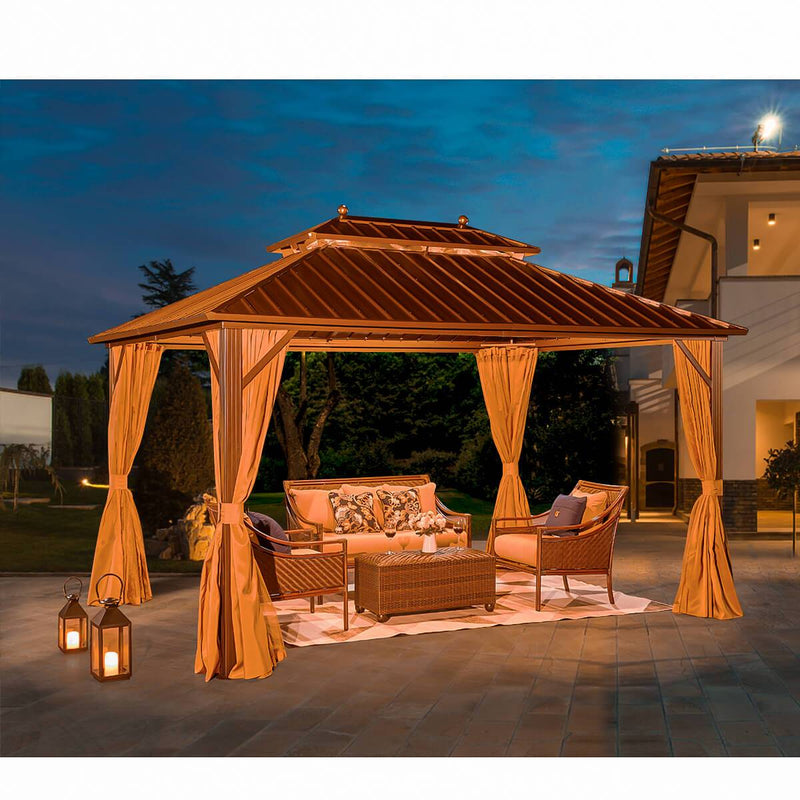 10' x 13' Patio Hardtop Gazebo Galvanized Steel, Double-Roof Gazebo Pergolas Aluminum Frame with Netting & Curtains