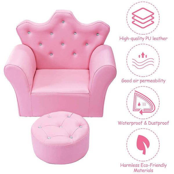 Kids Sofa With Upholstered Armchair with Ottoman Embedded Crystal Pink