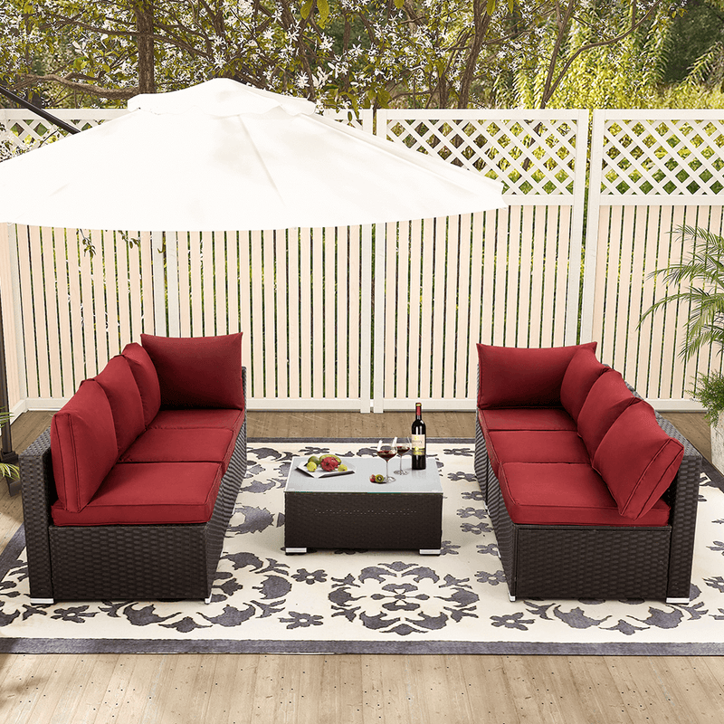 7 Pcs Patio Furniture Set All Weather Sectional Sofa w/ Red Cushion & Coffee Table