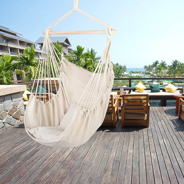 Hammock Swing, Hanging Rope Hammock Chair, Cotton Hanging Air Swing with Cushions for Porch Yard Tree Bedroom, Beige