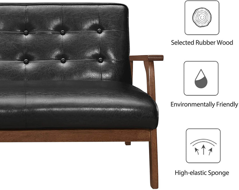 Mid-Century Loveseat Sofa Modern Wood 2-Seater PU Black