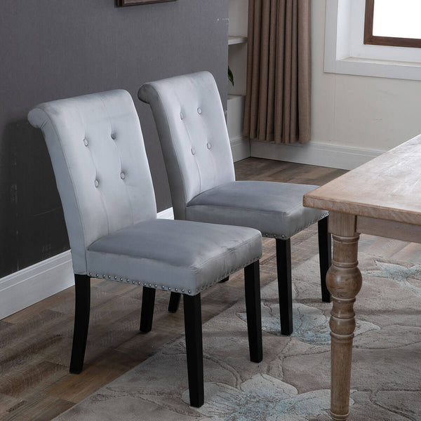 Set of 2 Velvet Fabric Rubber Wood Legs Cushion Manicure Dressing Stool, Silver Gray
