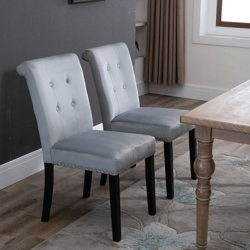 Set of 2 Velvet Fabric Rubber Wood Legs Cushion Manicure Dressing Stool, Silver Gray