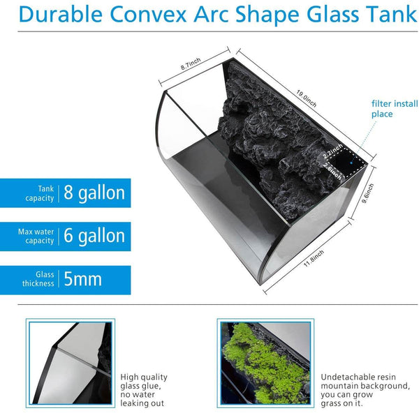 LED Glass Aquarium Kit Fish Tank with Undetachable 3D Rockery Background Decor
