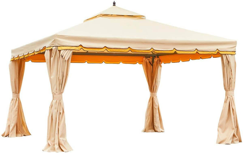 12’ x 12’ Canopy Gazebo Double Roof Patio Gazebo Steel Frame with Netting and Shade Curtains, Beige