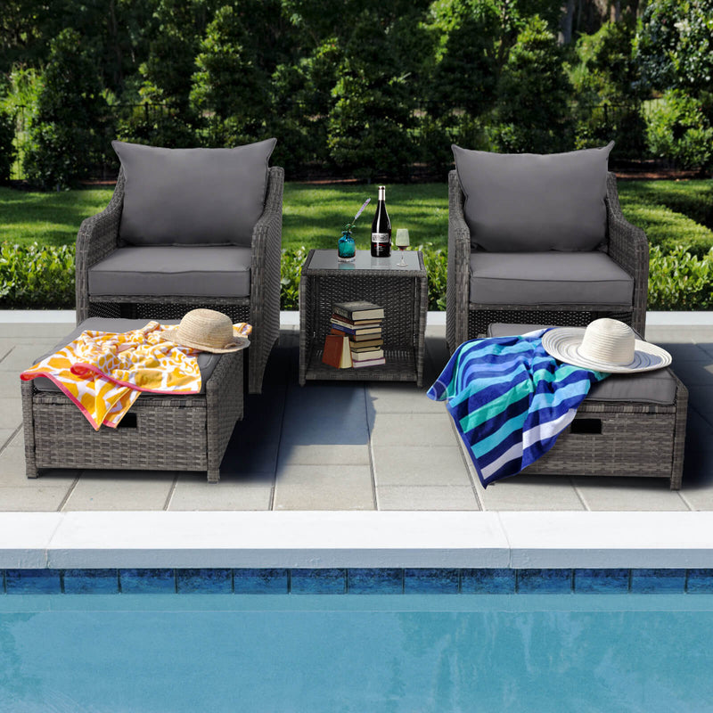 5 Pcs Patio Wicker Recliner Lounge Chair Set with 2 Ottomans, Grey Cushion & Coffee Table