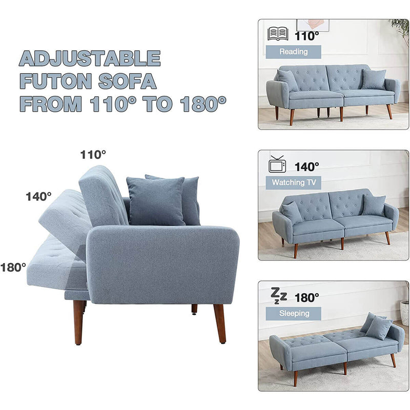 Convertible Futon Sofa Bed with Adjustable Backrest Linen Couch Loveseat Blue