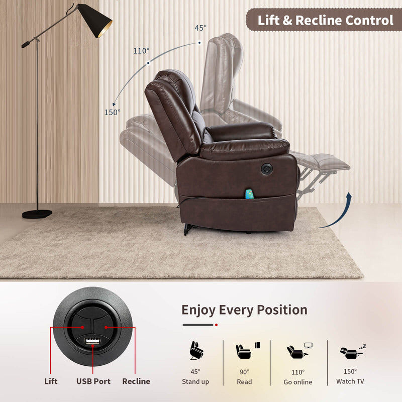 Power Lift Recliner Chair with Massage & Heat for Elderly, Breathe Leather Electric Recliner with 2 Side Pocket & USB Port (Brown)