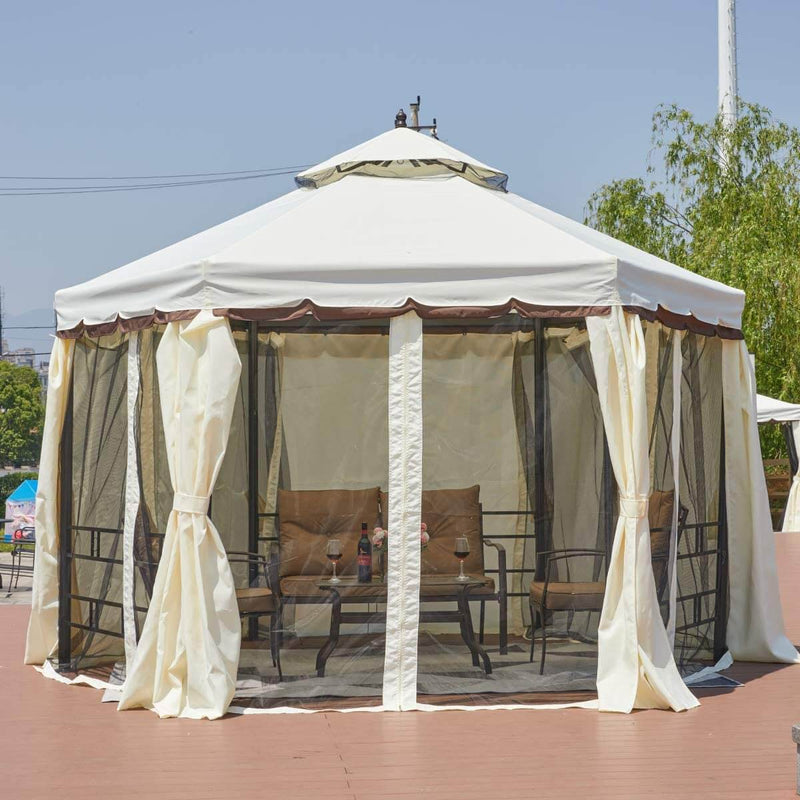 12FT Gazebo Canopy Hexagonal Double Roof Patio Gazebo Steel Frame Pavilion with Netting and Shade Curtains, Cream
