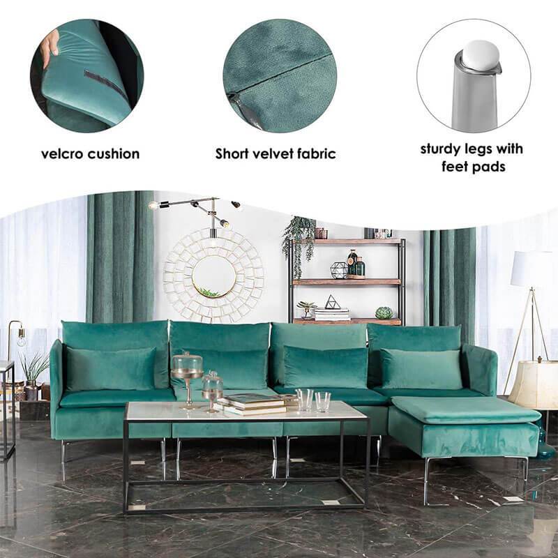 Convertible 3-Seat Sectional Sofa L-Shaped Couch Green