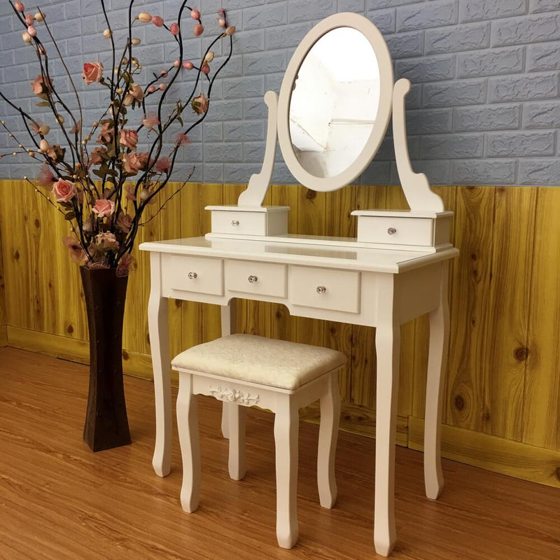 Single Mirror 5 Drawers Dressing Table, White