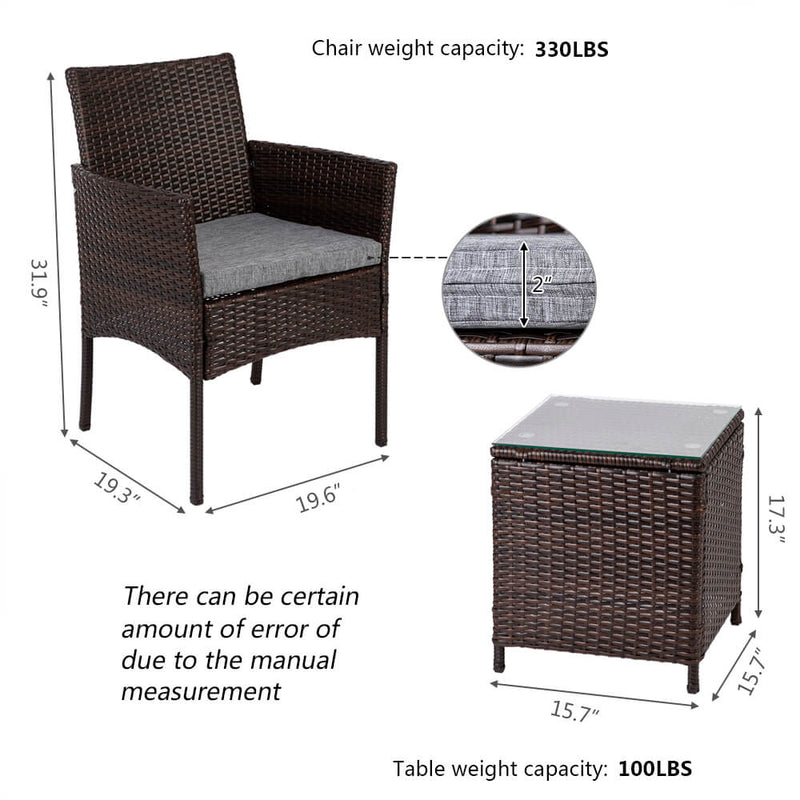 3 Pieces PE Rattan Wicker Chairs Set Cushion with Table Outdoor Garden Furniture Brown