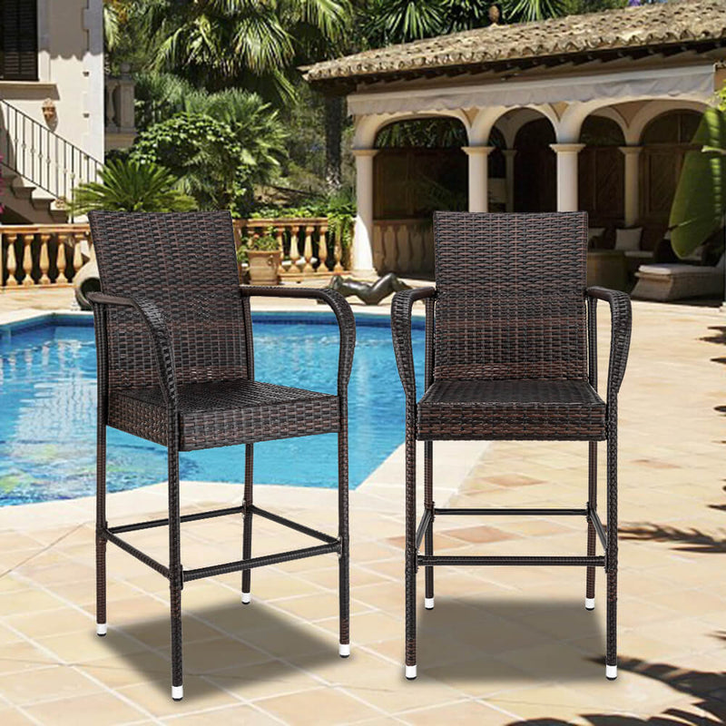 2-Piece Outdoor PE Rattan Wicker Chairs, High Bar Stool Chair, Patio Furniture Set with Armrest and Footrest, Brown