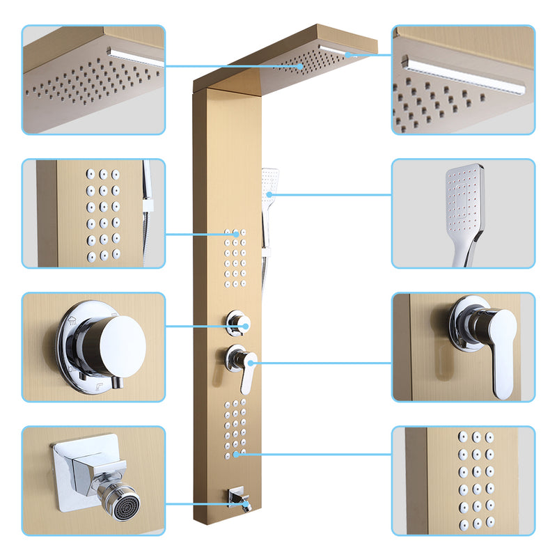 Shower Panel Shower System Stainless Steel Multi-Function Gold 18 Holes 48 inch