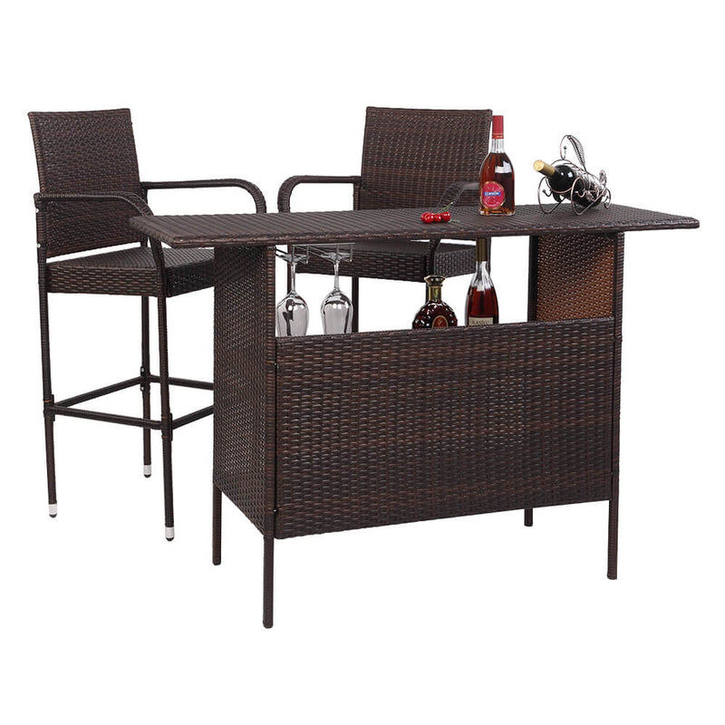 Long Rattan Bar Table Top Iron Mesh Compartment