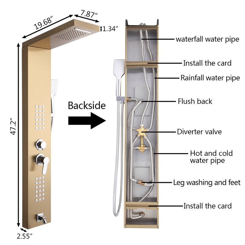 Shower Panel Shower System Stainless Steel Multi-Function Gold 18 Holes 48 inch