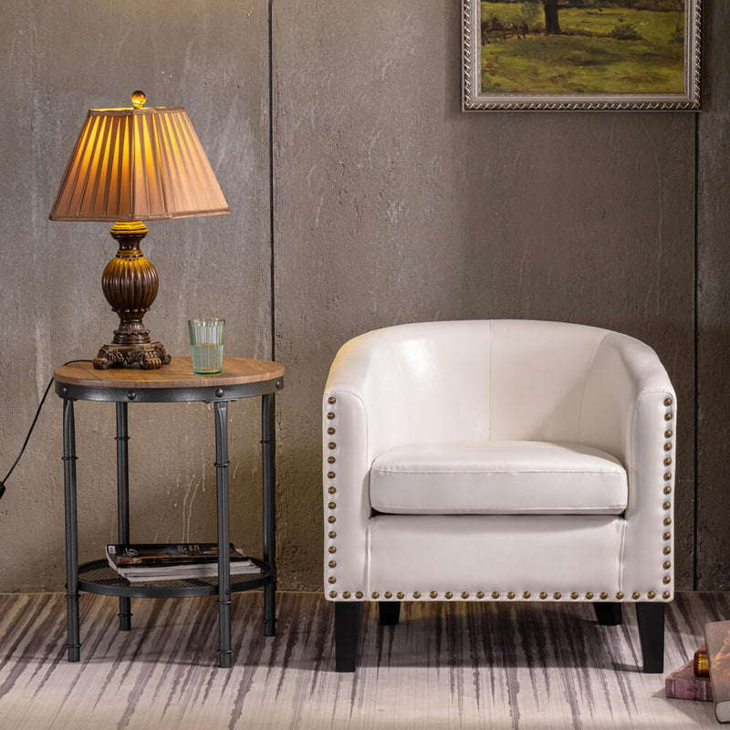 Modern Tub Barrel Accent Chair Upholstered Faux Leather with Nail Head, White