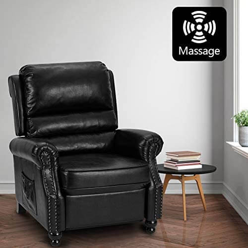 Massage Recliner Chair, Arm Chair Push Back Recliner with Rivet Decoration, PU Leather Power Recliner Chair with 6 Point Massage and Heat (Black)
