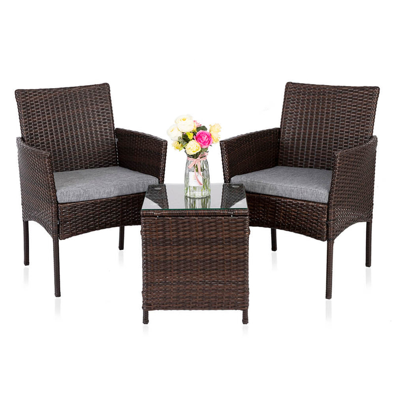 3 Pieces PE Rattan Wicker Chairs Set Cushion with Table Outdoor Garden Furniture Brown