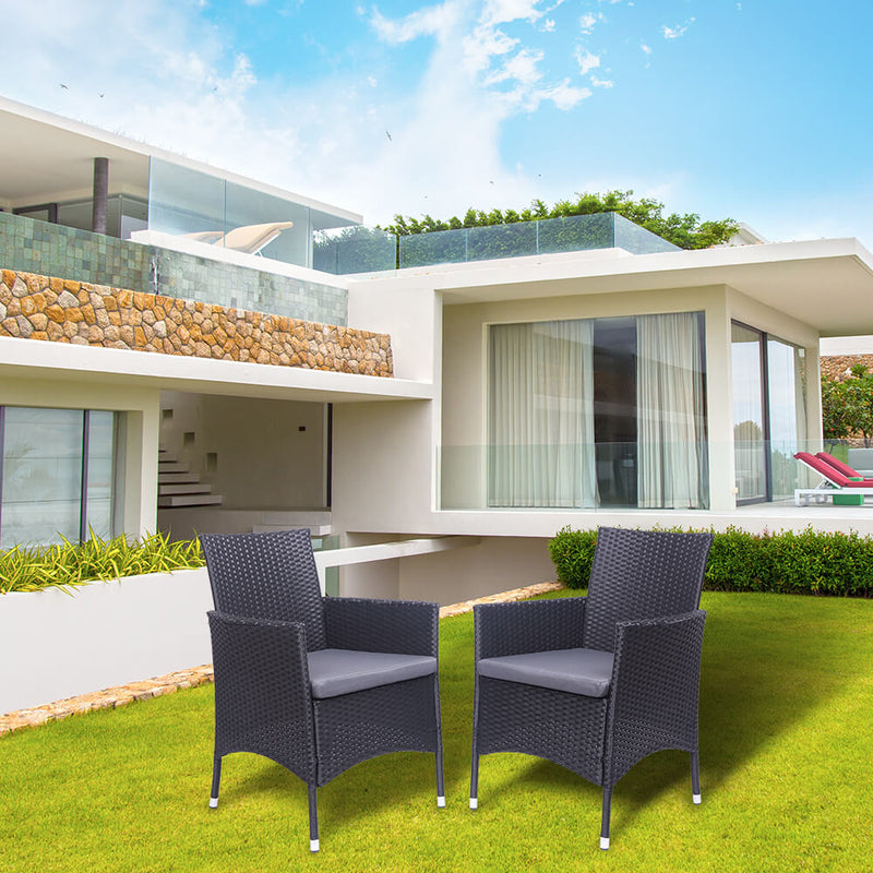 2-Piece Single Backrest Patio Dining Chairs, Rattan Sofa Conversation Set with Cushions, Black