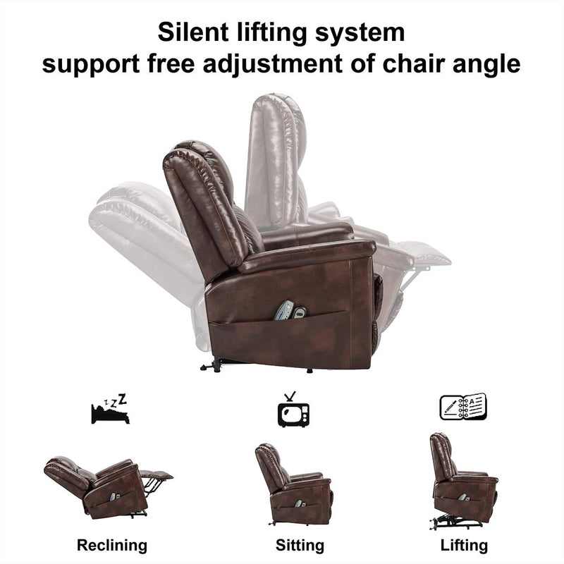 Power Lift Chair Electric Recliner for Elderly with Heat and Massage, 3 Positions, 2 Side Pockets, Faux Leather Recliners, Luxury Brown