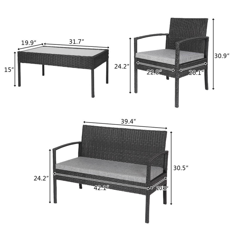 4 Pieces Outdoor Patio Rattan Wicker Furniture Set with Table Sofa Cushioned Black