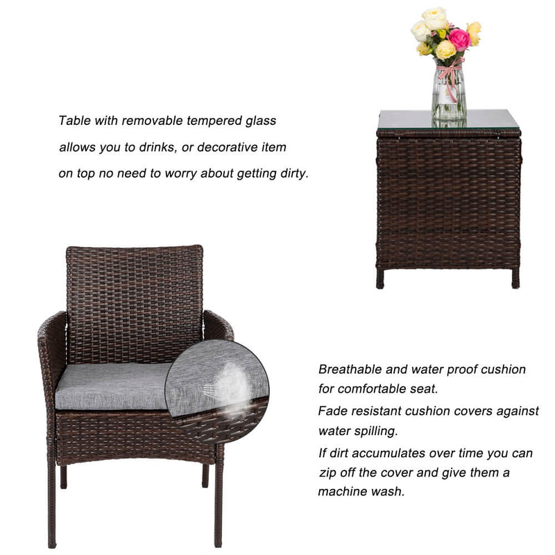 3 Pieces PE Rattan Wicker Chairs Set Cushion with Table Outdoor Garden Furniture Brown