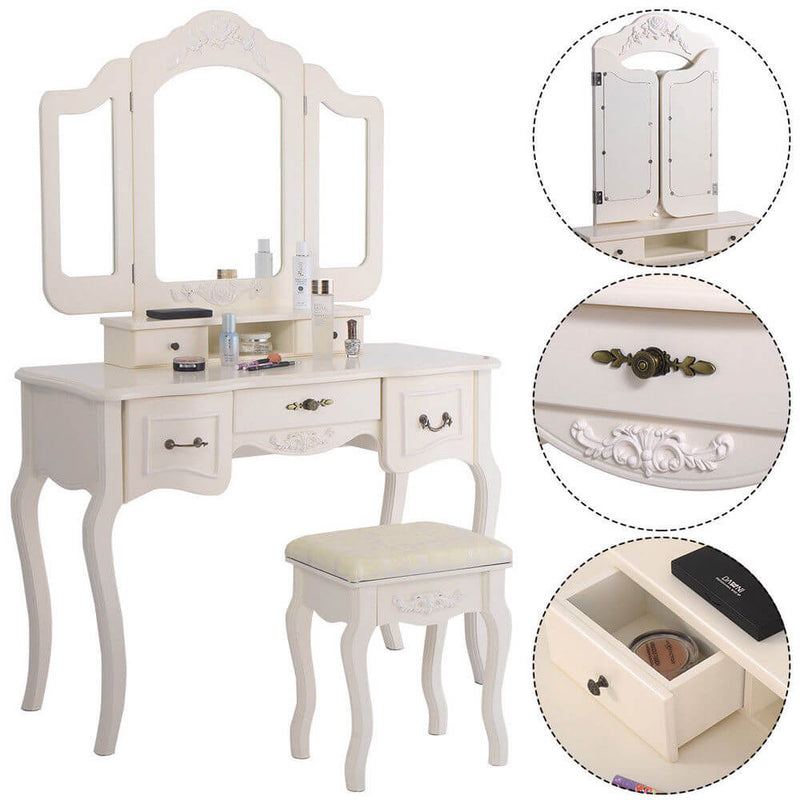 5 Drawer Tri-fold Mirror Dresser with Dressing Stool White