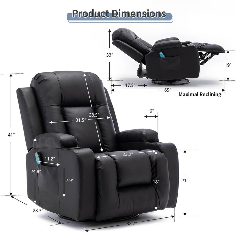 Massage Recliner Chair PU Leather Ergonomic Lounge Heated Chair 360 Degree Swivel Home Theater Recliner (Black)