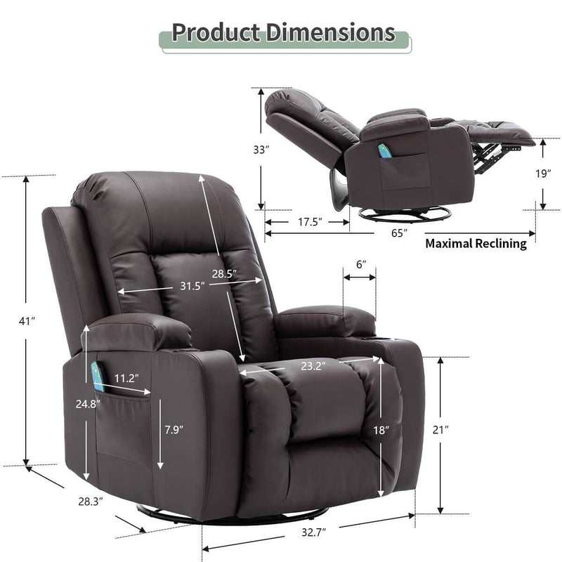 Massage Recliner Chair PU Leather Ergonomic Lounge Heated Chair 360 Degree Swivel Home Theater Recliner (Brown)