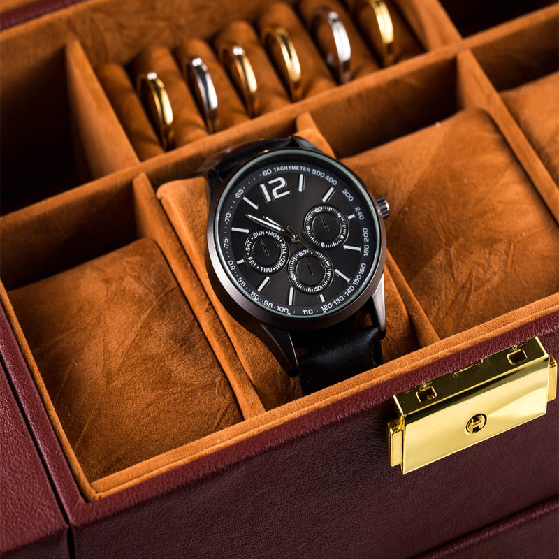 Synthetic Leather Huge Jewelry Box Mirrored Watch Organizer Storage Lockable Gift Case Brown