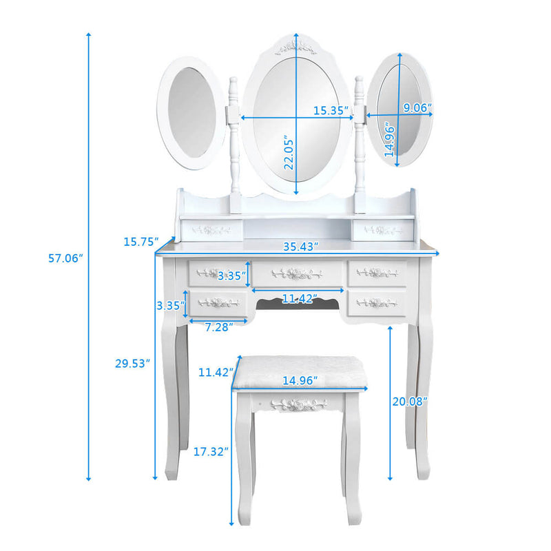 3 Mirrors with 7 Drawers Dressing Table White