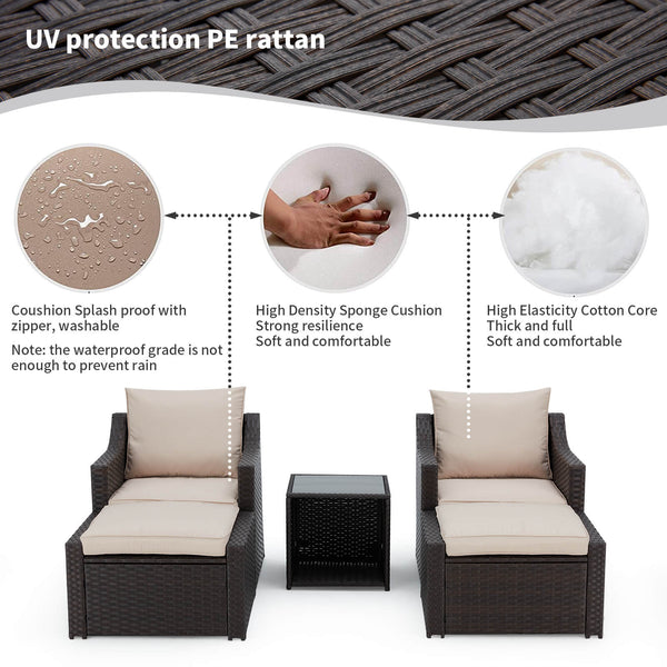 5 Piece Outdoor Patio Furniture Conversation Set with Ottoman, Khaki