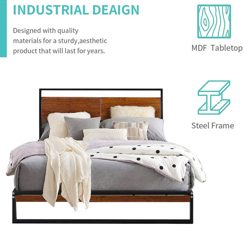 Twin Bed Frame with Wooden Headboard,Platform Metal Bed Frame with Footboard