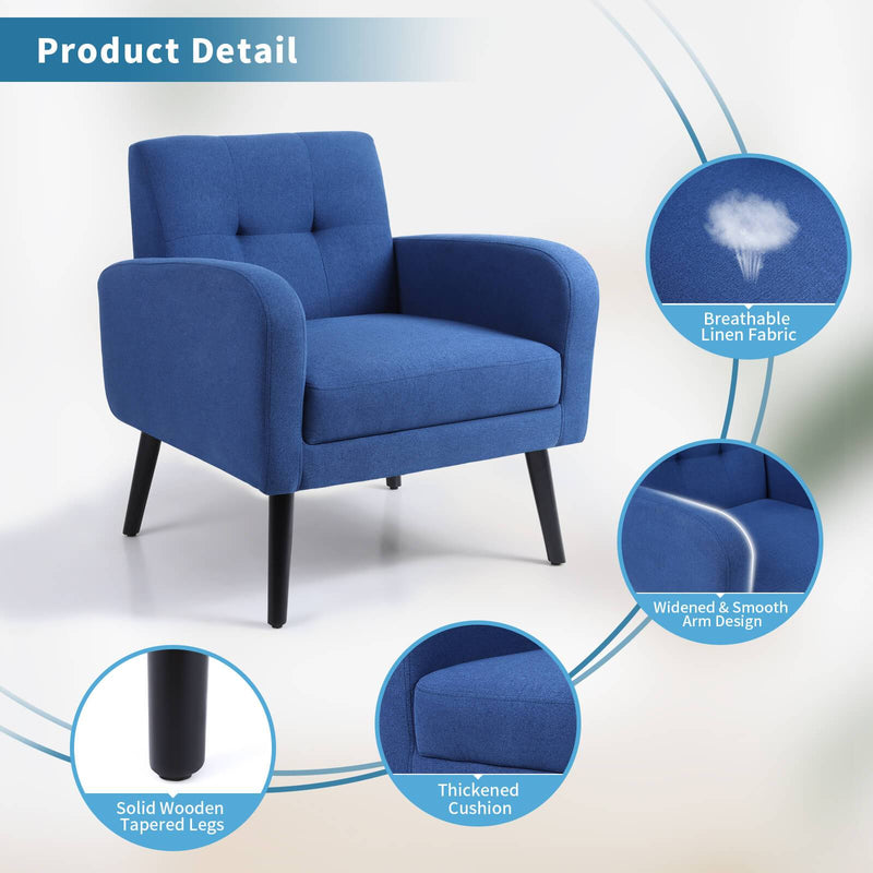 Tufted Upholstered Modern Linen Fabric Accent Chair Comfy Reading Navy Blue