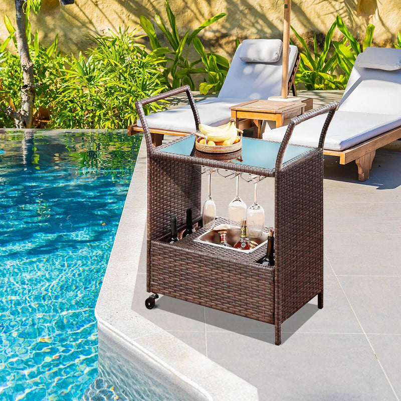 Outdoor Wicker Bar Cart Patio Serving Counter Table w/ Removable 12L Ice bucket, Glass Top, Wine Rack & Wheels