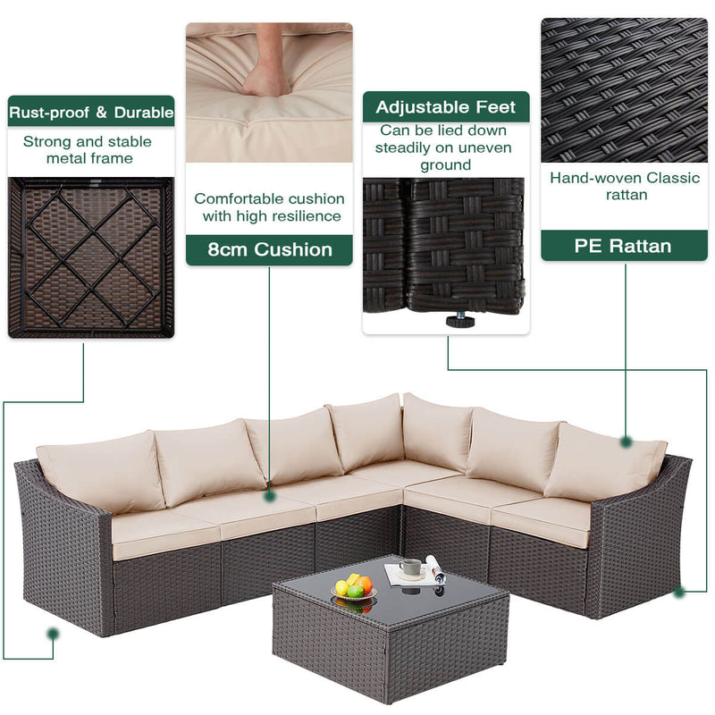 7 Pcs Outdoor Rattan Sectional Sofa All Weather Patio Furniture Set w/ Khaki Cushion & Coffee Table