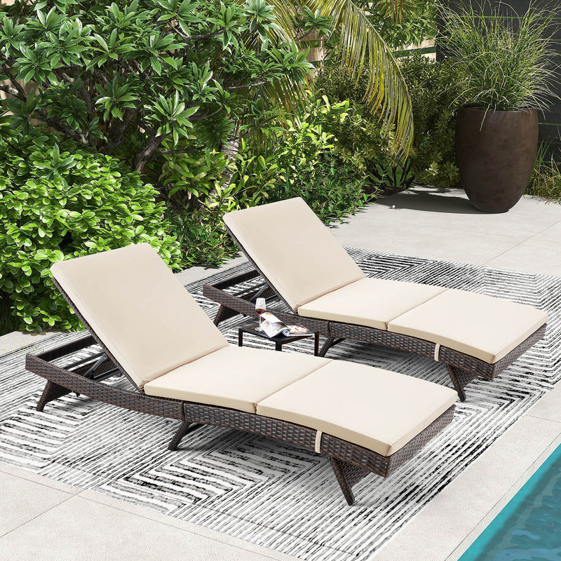 Patio Chaise Lounge Chairs Adjustable Poolside Loungers Sunlounger w/ Beige Cushion