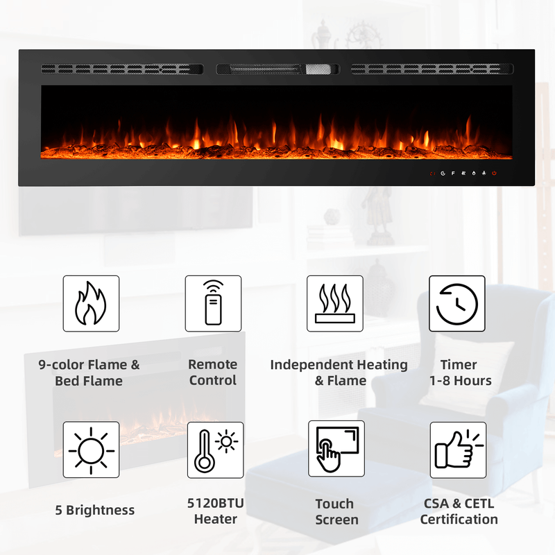 70 inch Electric Fireplace, Wall Mounted Fireplace Insert with Remote Control&Touch Screen