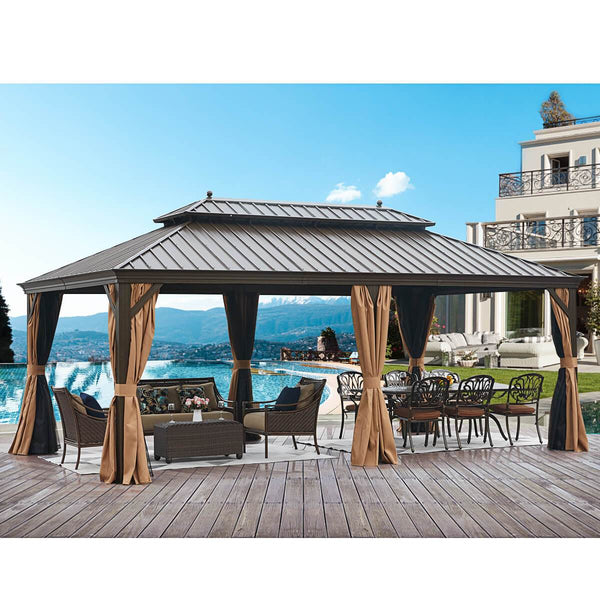 12' x 20' Hardtop Gazebo Galvanized Steel Outdoor Double-Roof Gazebo Pergolas Aluminum Frame with Netting & Curtains