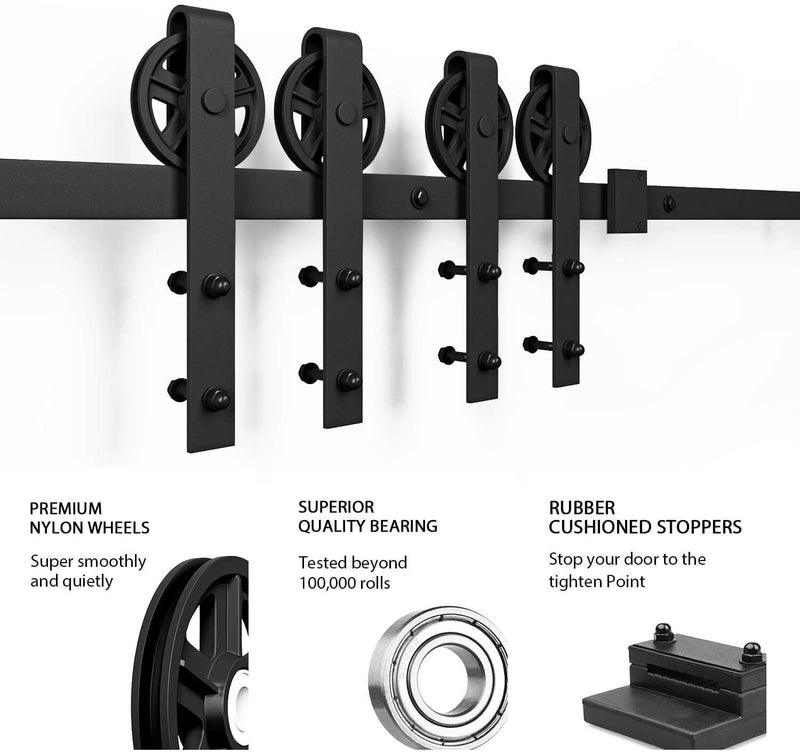 Bi-Parting Double Sliding Barn Door Hardware Basic Black Big Spoke Wheel Roller Kit