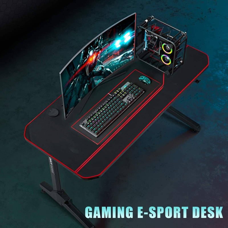 55inch Gaming Desk, T Shaped Computer Desk, Office Desk with Cup Holder & Headphone Hook,Professional Home Office Writing Desk with USB Gaming Handle Rack & Full Desk Mouse Pad