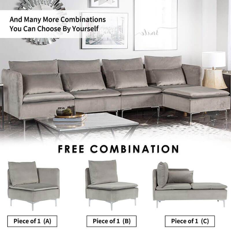 Convertible 3-Seat Sectional Sofa L-Shaped Couch Light Gray