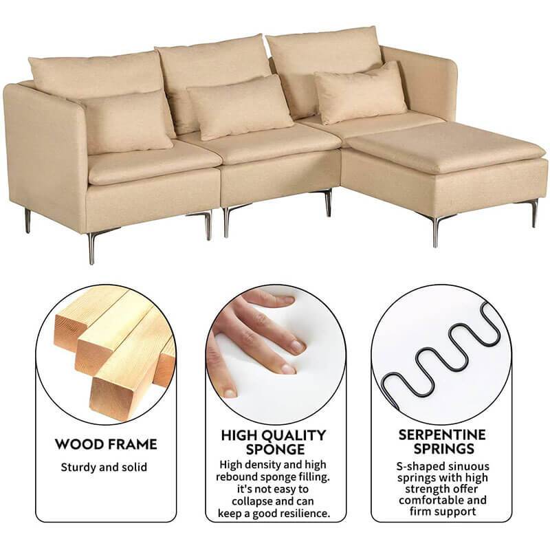 Convertible 3-Seat Sectional Sofa L-Shaped Couch Beige