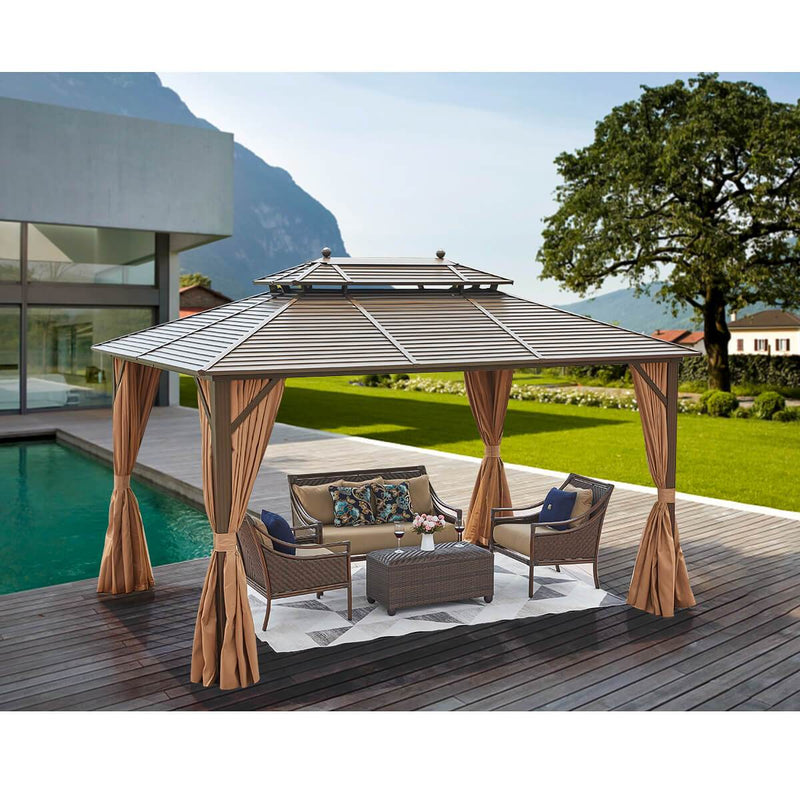 10‘ x 13’ Hardtop Gazebo Galvanized Steel, Double-Roof Gazebos Pergolas Aluminum Frame with Netting & Curtains