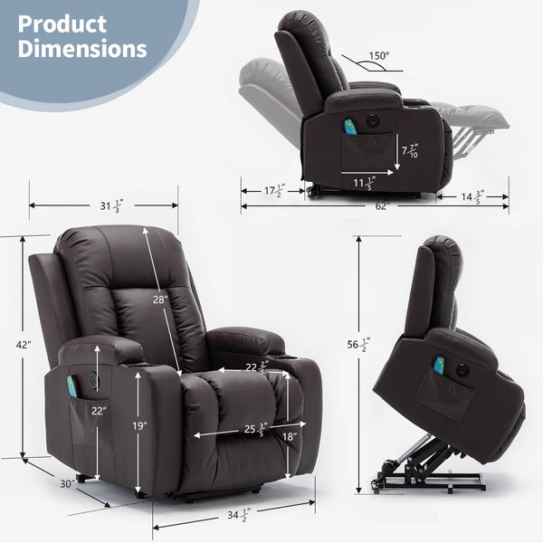 Power Lift Recliner Chair with Massage & Heat for Elderly, PU Leather Electric Recliner with 2 Side Pockets, Cup Holders & USB Port (Brown)