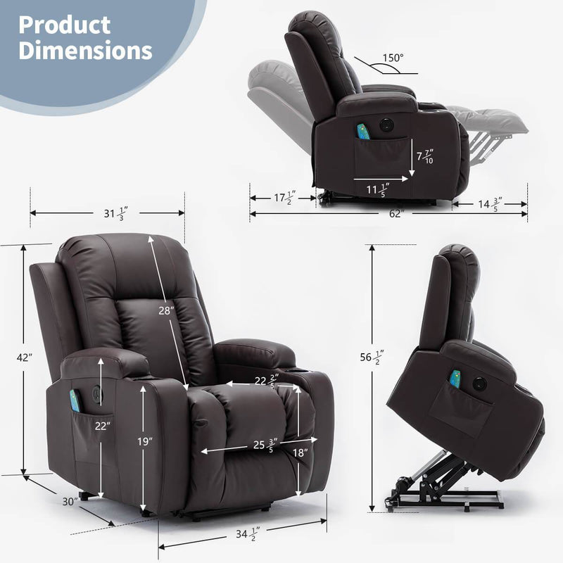 Power Lift Recliner Chair with Massage & Heat for Elderly, PU Leather Electric Recliner with 2 Side Pockets, Cup Holders & USB Port (Brown)
