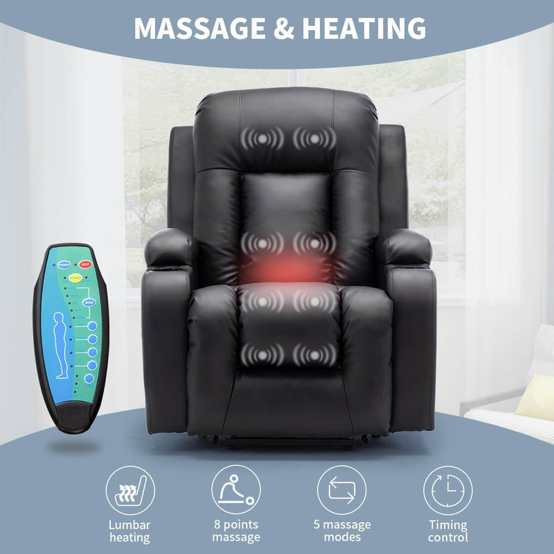 Power Lift Recliner Chair with Massage & Heat for Elderly, PU Leather Electric Recliner with 2 Side Pockets, Cup Holders & USB Port (Black)