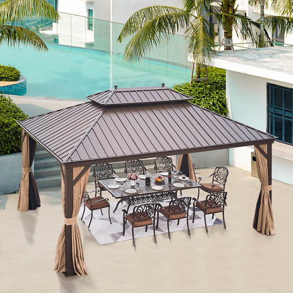 12' x 16' Hardtop Gazebo Galvanized Steel, Double-Roof Gazebo Pergolas Aluminum Frame with Netting & Curtains